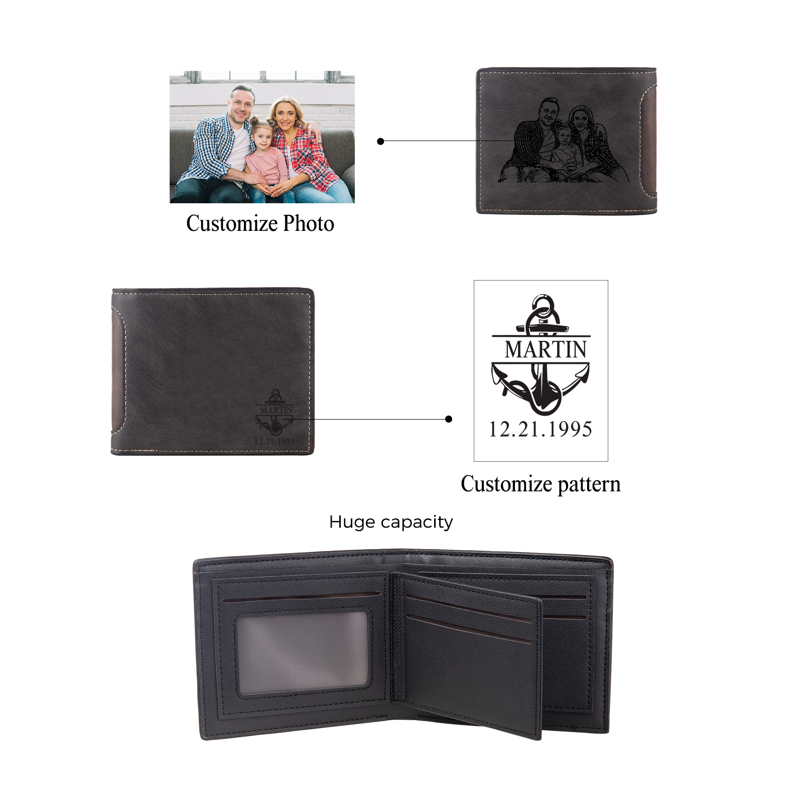 Portafoglio bifold in pelle personalizzato con foto incisa e nome o iniziali