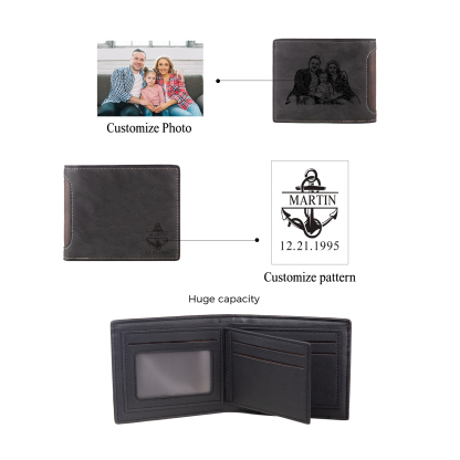 Portafoglio bifold in pelle personalizzato con foto incisa e nome o iniziali