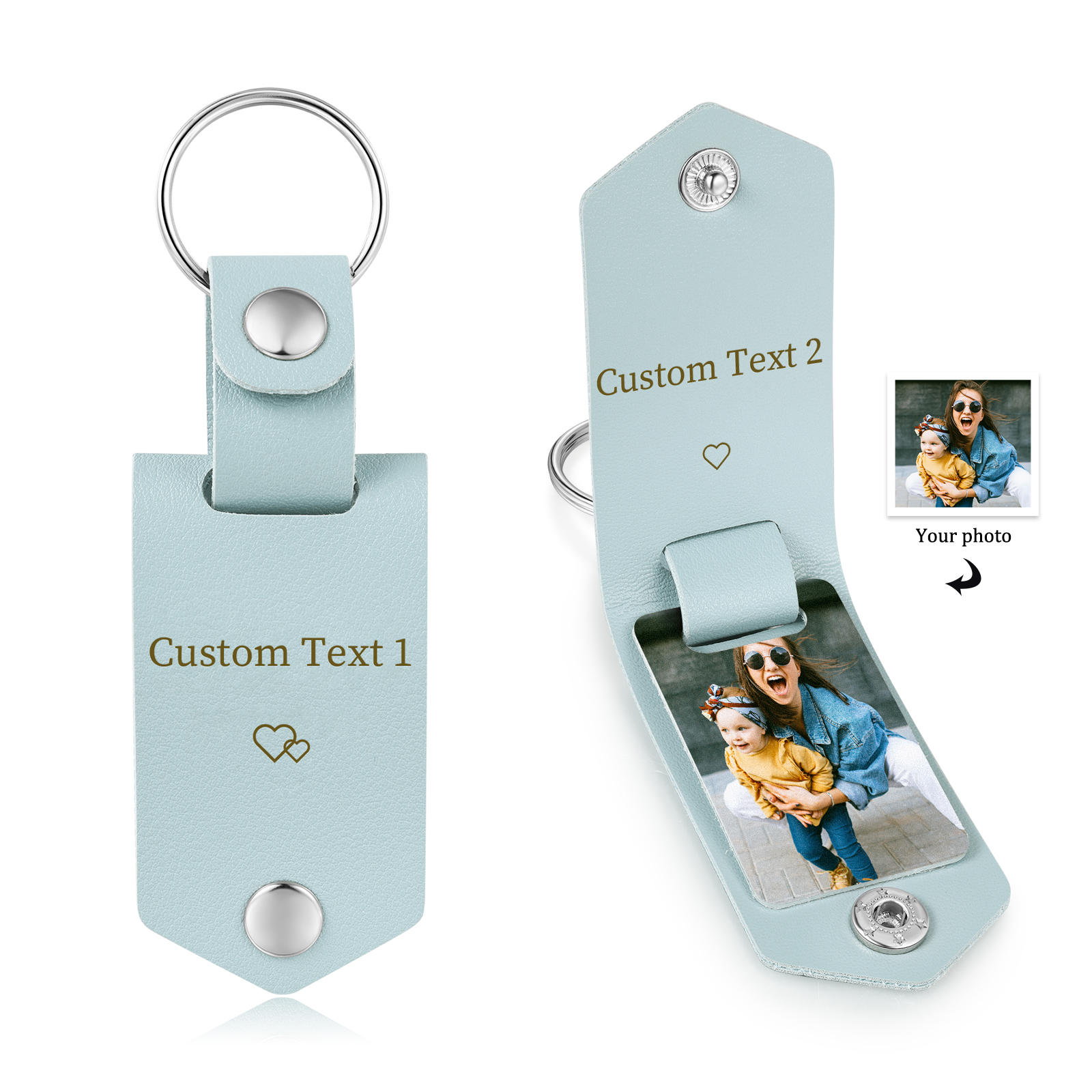 Portachiavi azzurro in Pelle 1 foto e 2 testi personalizzati per mamma