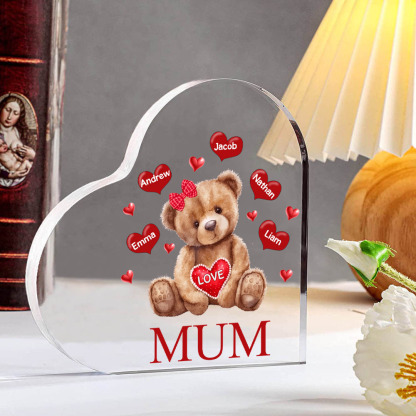 MAMMA Decorazione acrilica con orsacchiotto a forma di cuore 5 nomi e 2 testi personalizzati per mamma/nonna