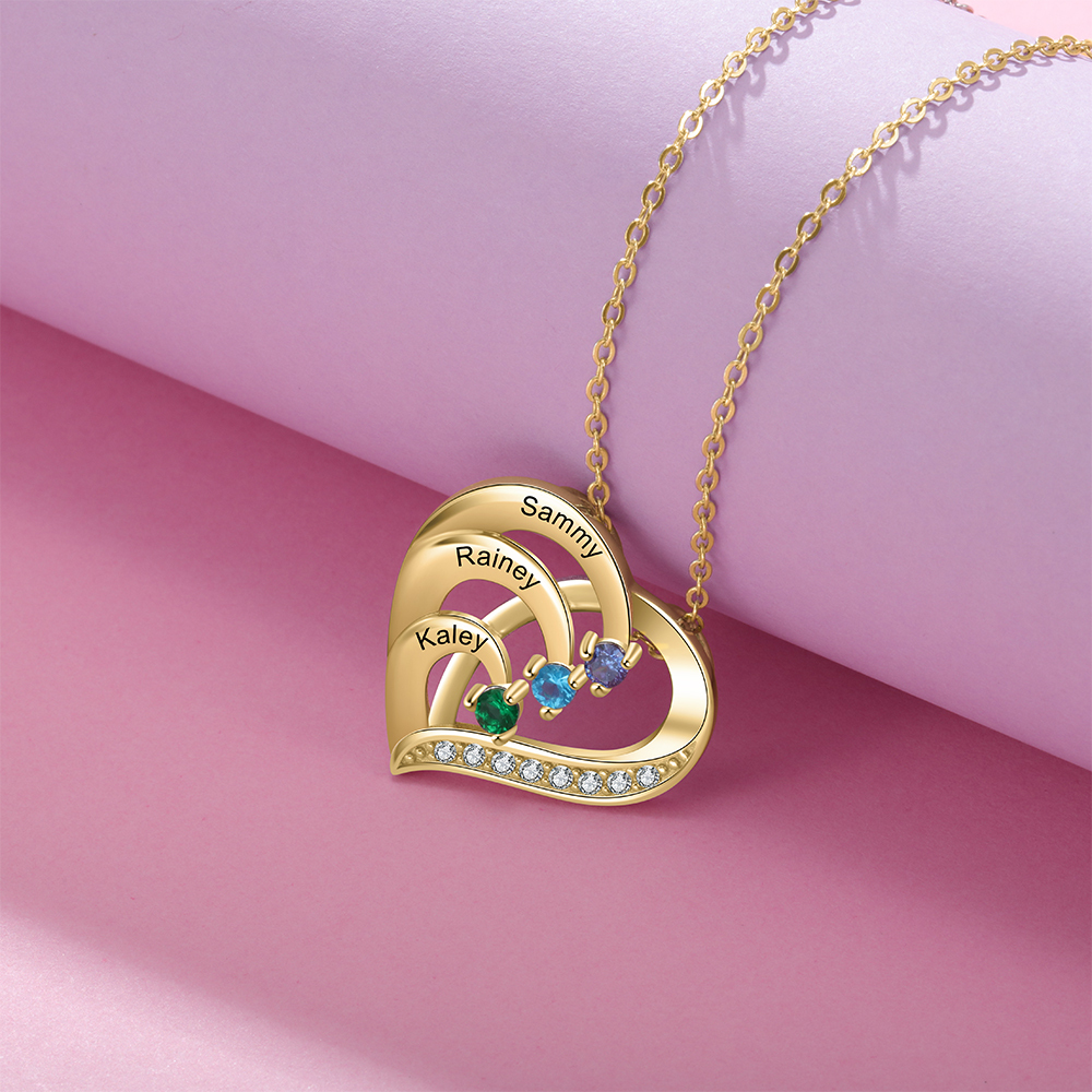 Argento S925 Collana con 3 nomi personalizzati e 3 pietre di nascita in ciondolo a cuore