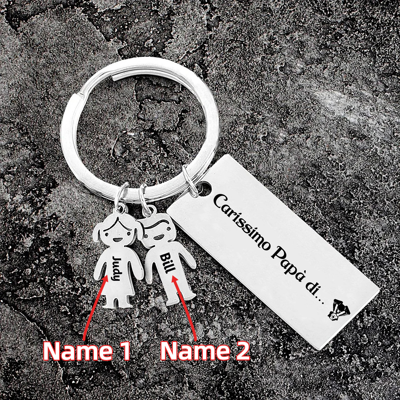 Portachiavi Personalizzato per Uomo - Incisione di 2 Nomi e Sagoma Bambino/Bambina - Idea Regalo per Papà, Nonni, Mariti  | Jessemade
