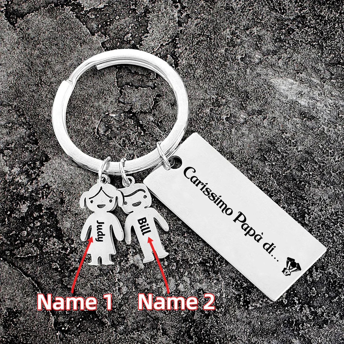 Portachiavi Personalizzato per Uomo - Incisione di 2 Nomi e Sagoma Bambino/Bambina - Idea Regalo per Papà, Nonni, Mariti  | Jessemade