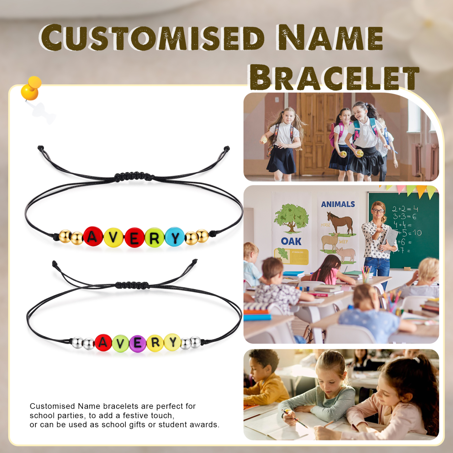 2PCS Braccialetto con perline di 2 nomi personalizzato regalo per scuola