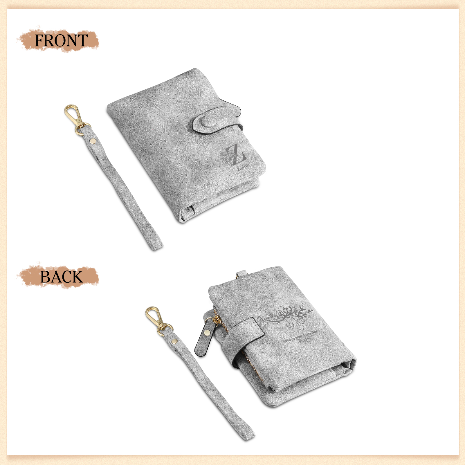 Portafoglio in PU pelle albero di vita con 4 letetre & 1 testo & 1 nome personalizzati per mamma/nonna