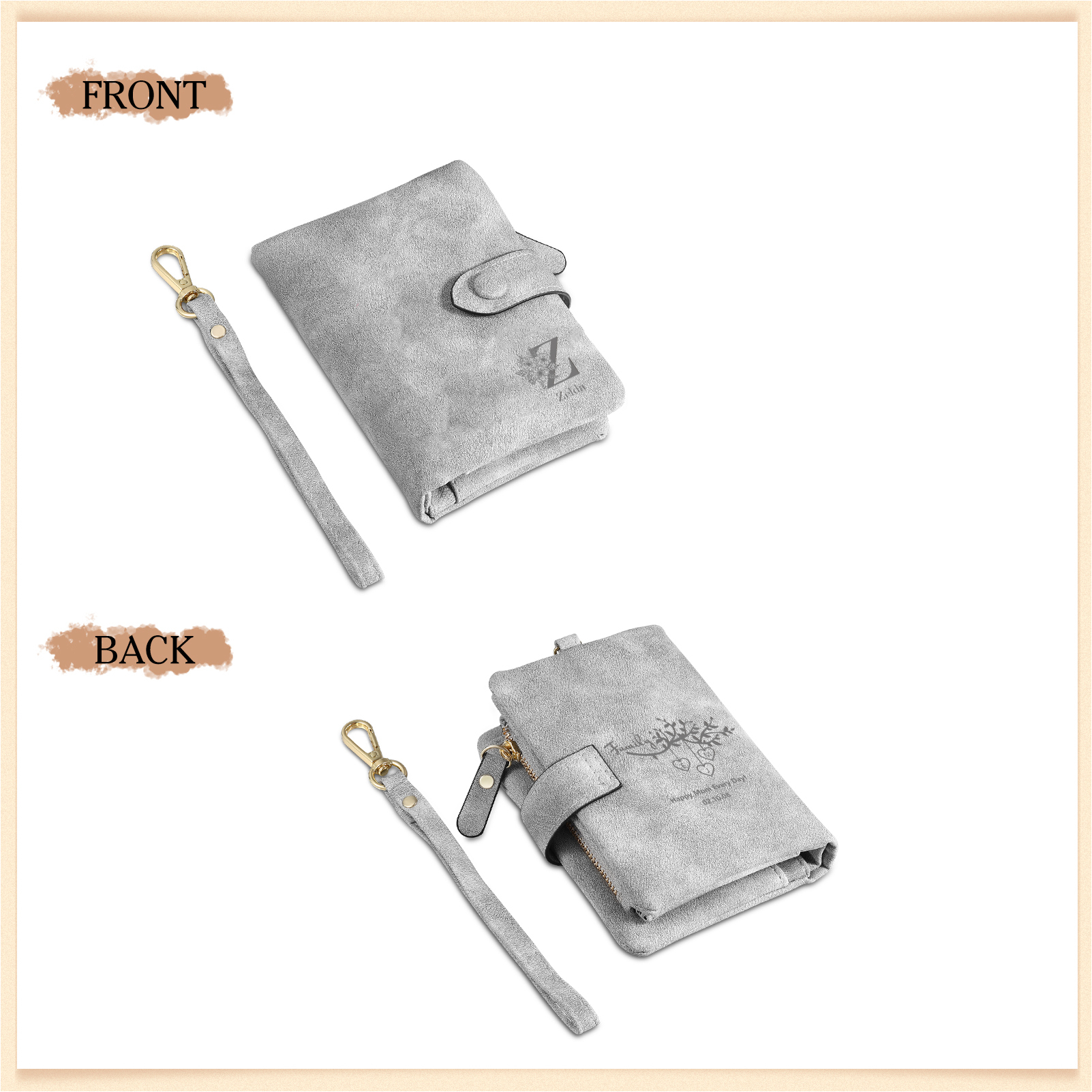 Portafoglio in PU pelle albero di vita con 4 letetre & 1 testo & 1 nome personalizzati per mamma/nonna