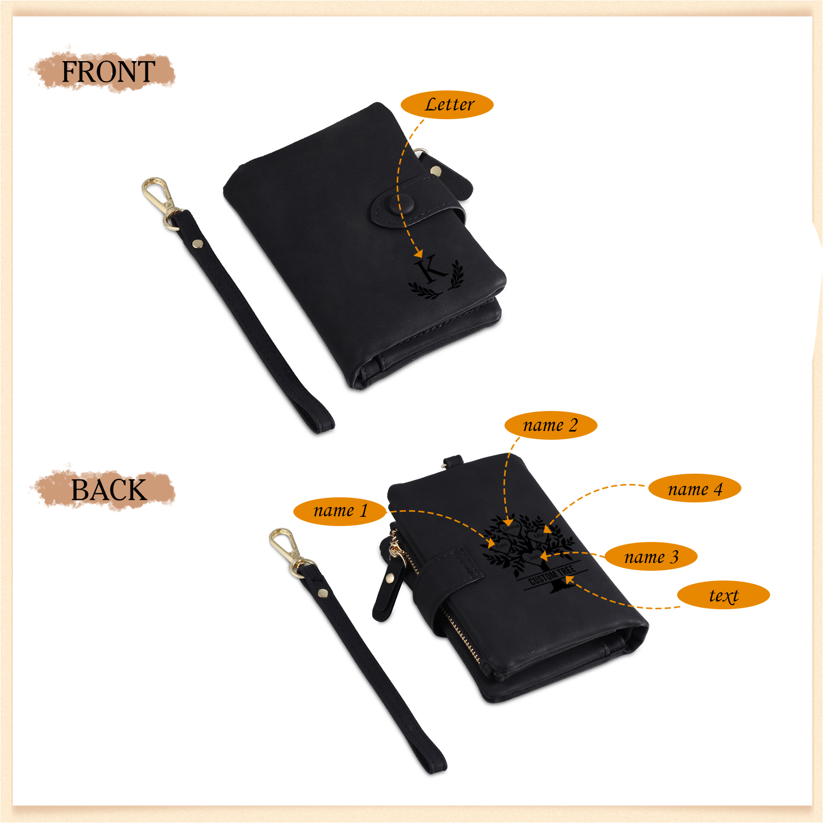 Portafoglio Albero della vita in PU pelle con 4 nomi & 1 testo & 1 lettera personalizzati per donna