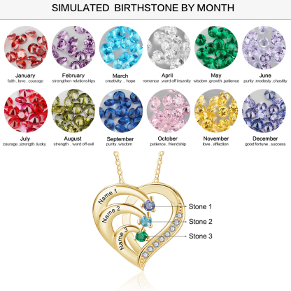 Argento S925 Collana con 3 nomi personalizzati e 3 pietre di nascita in ciondolo a cuore