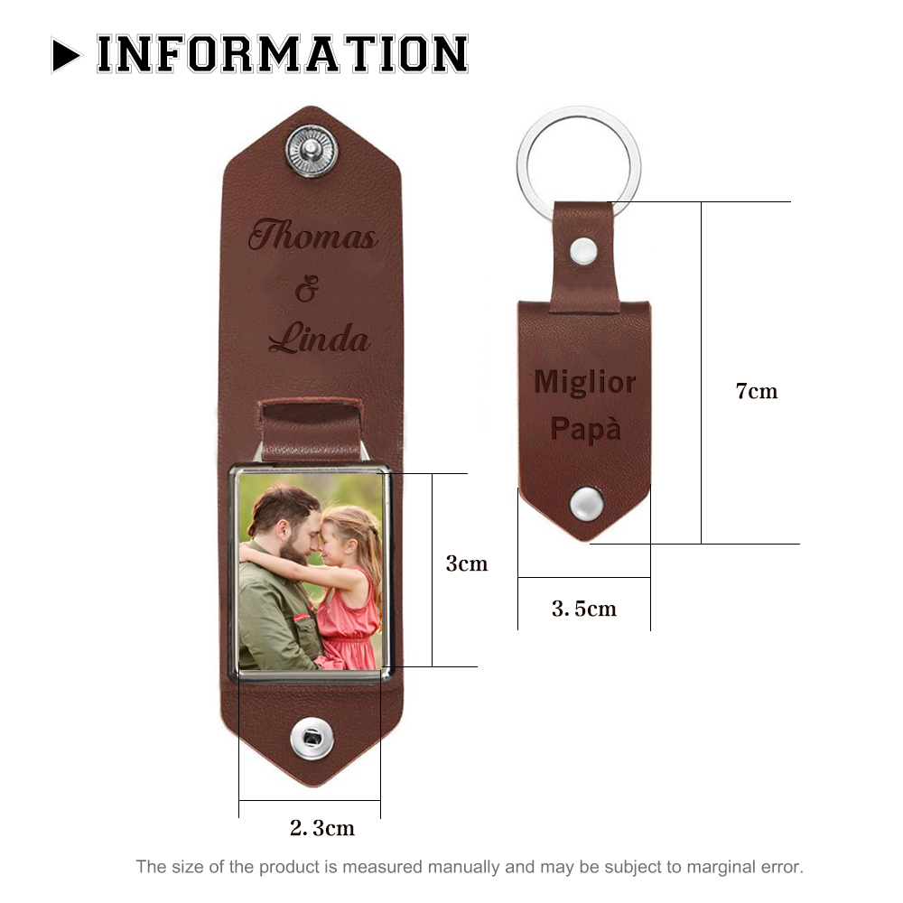 Portachiavi Pelle 1 foto e 2 nomi personalizzabili regalo per Papà