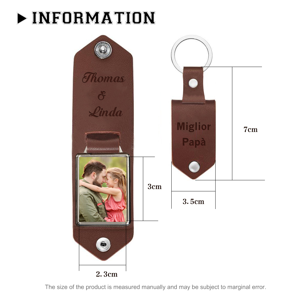 Portachiavi Pelle 1 foto e 2 nomi personalizzabili regalo per Papà
