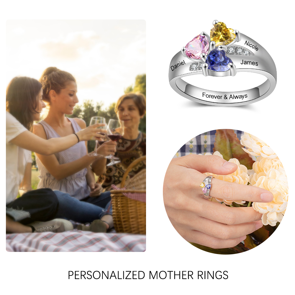 Anello 3 nomi con 3 pietre di nascita in argento 925