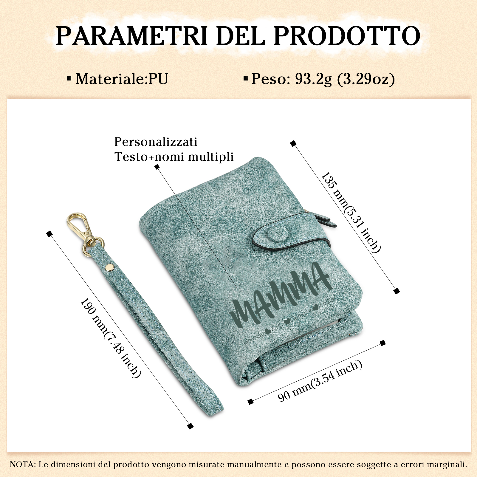 Portafoglio in PU pelle con 5 nomi & 2 testi & 1 foto personalizzati per mamma