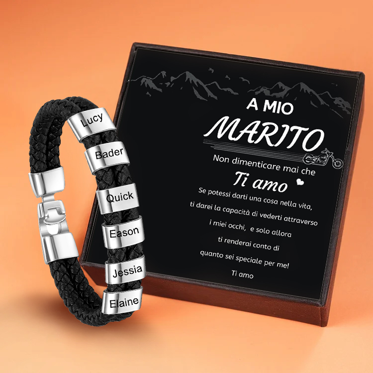 Braccialetto maschile in pelle con 6 nomi personalizzati