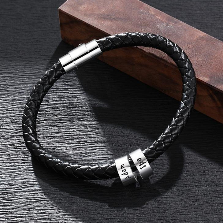Jessemade IT Braccialetto in pelle intrecciata Braccialetto maschile di nome personalizzato con 2 perline