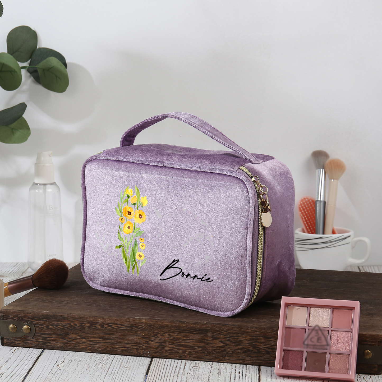 Borsa portabile per cosmetici in flanella per donna 1 nome e 1 fiore di nascita personalizzato multicolori da scegliere