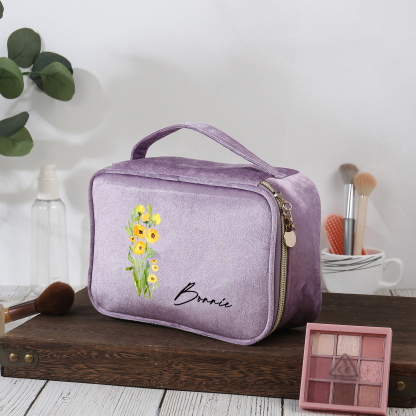 Borsa portabile per cosmetici in flanella per donna 1 nome e 1 fiore di nascita personalizzato multicolori da scegliere