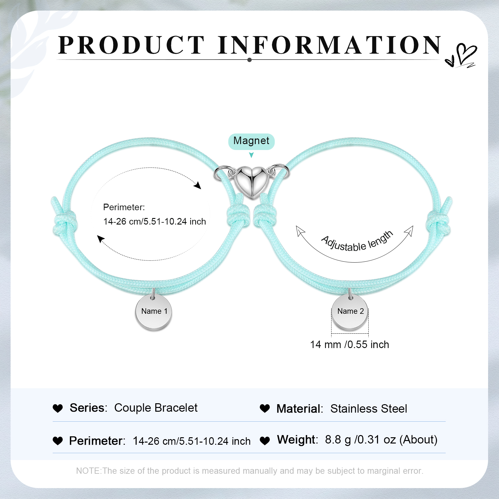 Braccialetti magnetici a corda 2 lettere personalizzate per coppia ciondolo rotondo