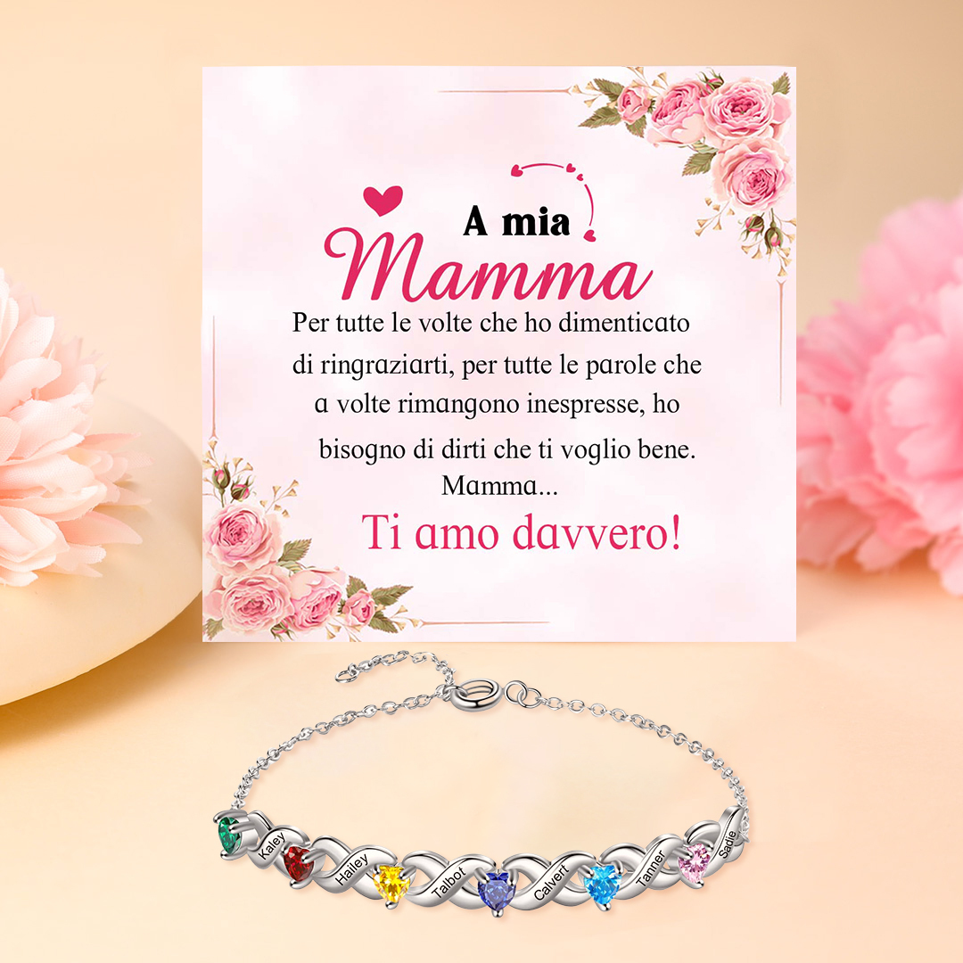 Festa della Mamma Braccialetto personalizzato con 6 nomi e 6 cuore pietre di nascita regalo per donna