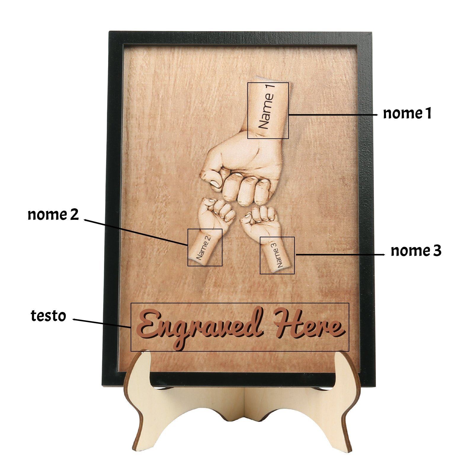 Targa di Legno pugno a pugno 3 nomi e 1 testo personalizzati regalo Per papà