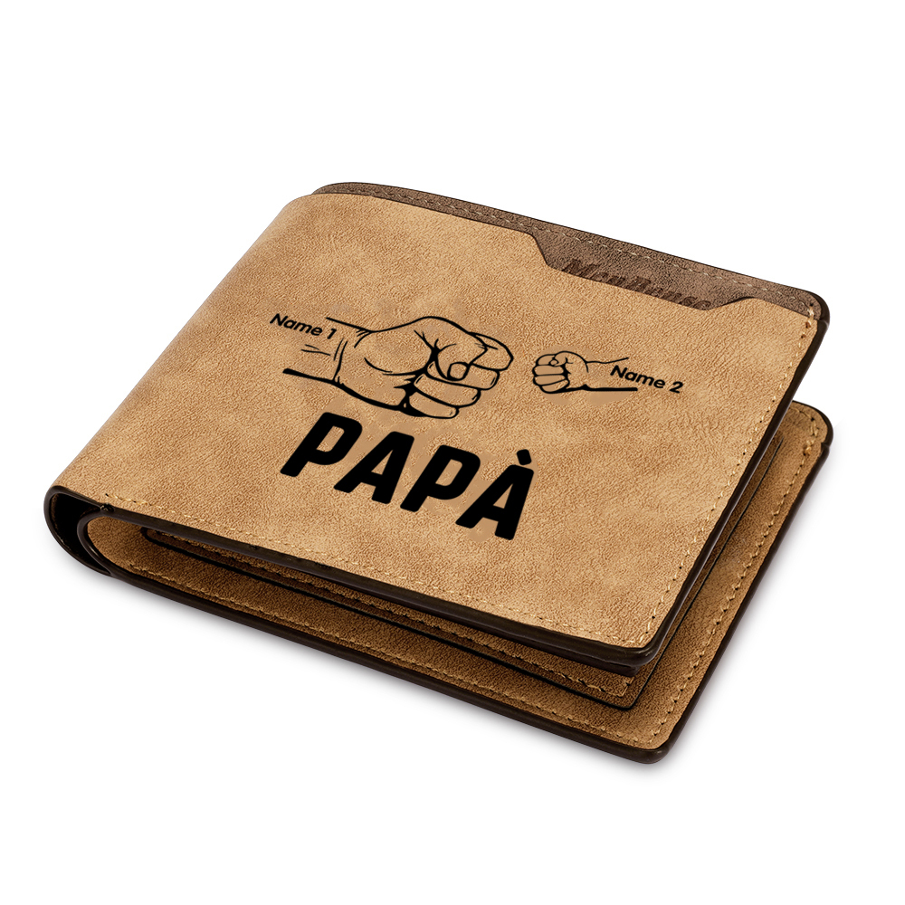 Portafoglio Pelle PU pelle pugno mano regalo per papà personalizzato 2 nomi 1 testo e 1 foto