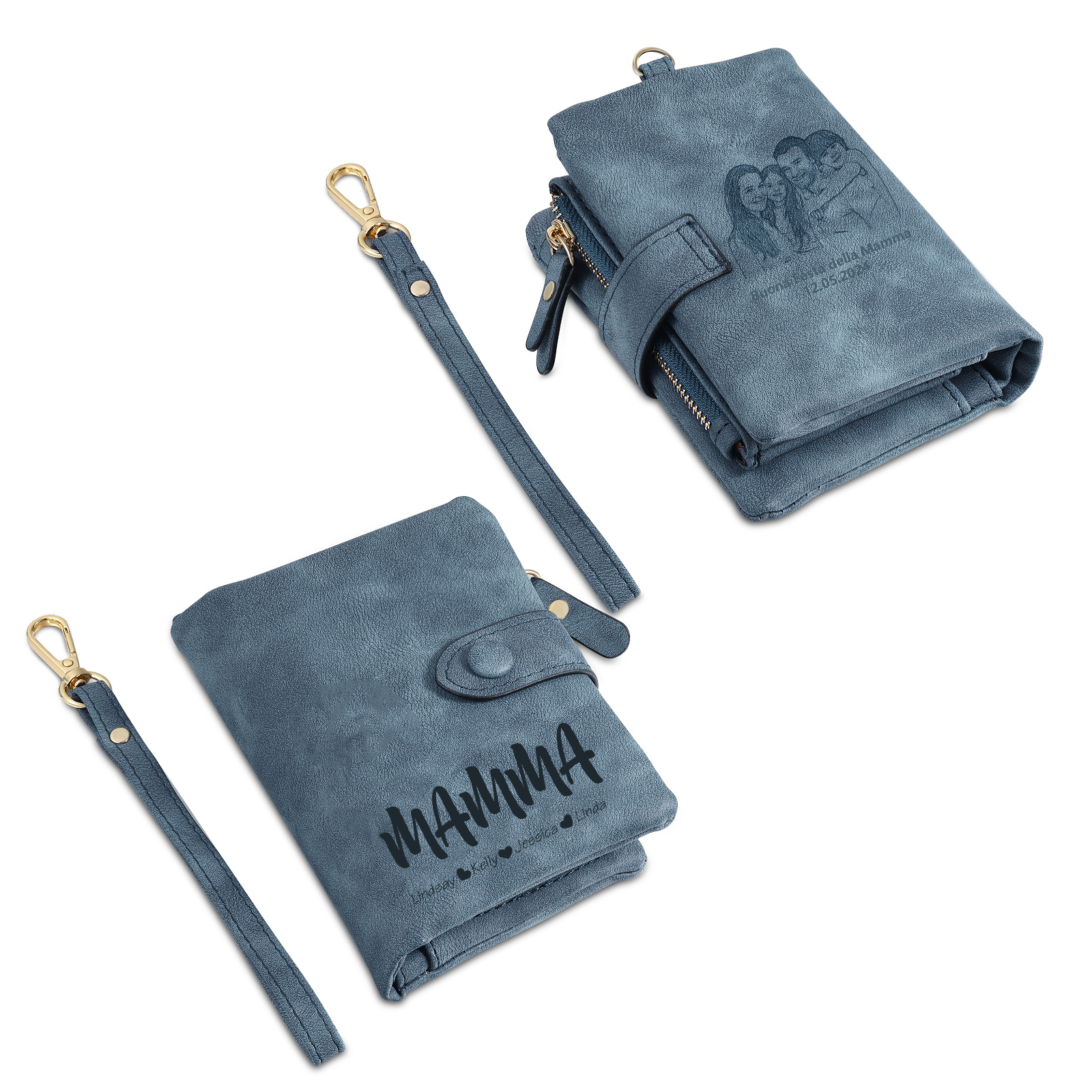 Portafoglio in PU pelle con 5 nomi & 2 testi & 1 foto personalizzati per mamma