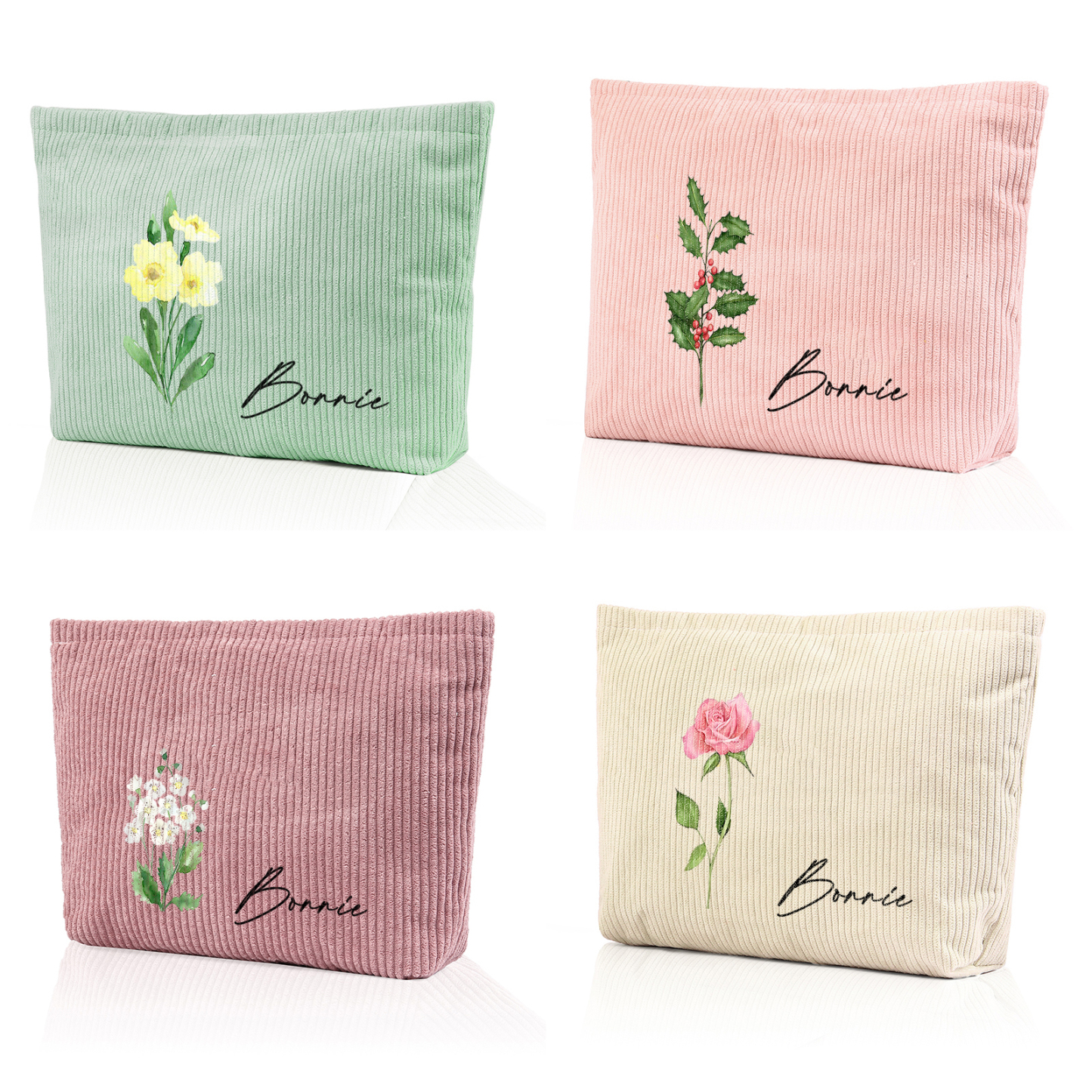 Borsa portabile per cosmetici in velluto a coste per donna 1 nome e 1 fiore di nascita personalizzato multicolori da scegliere