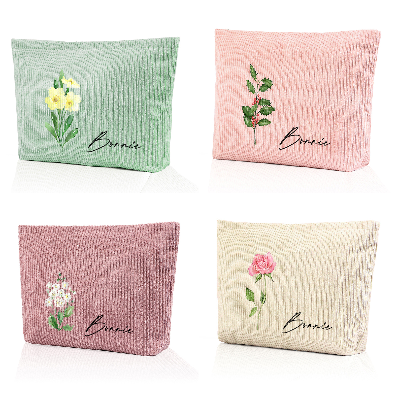 Borsa portabile per cosmetici in velluto a coste per donna 1 nome e 1 fiore di nascita personalizzato multicolori da scegliere