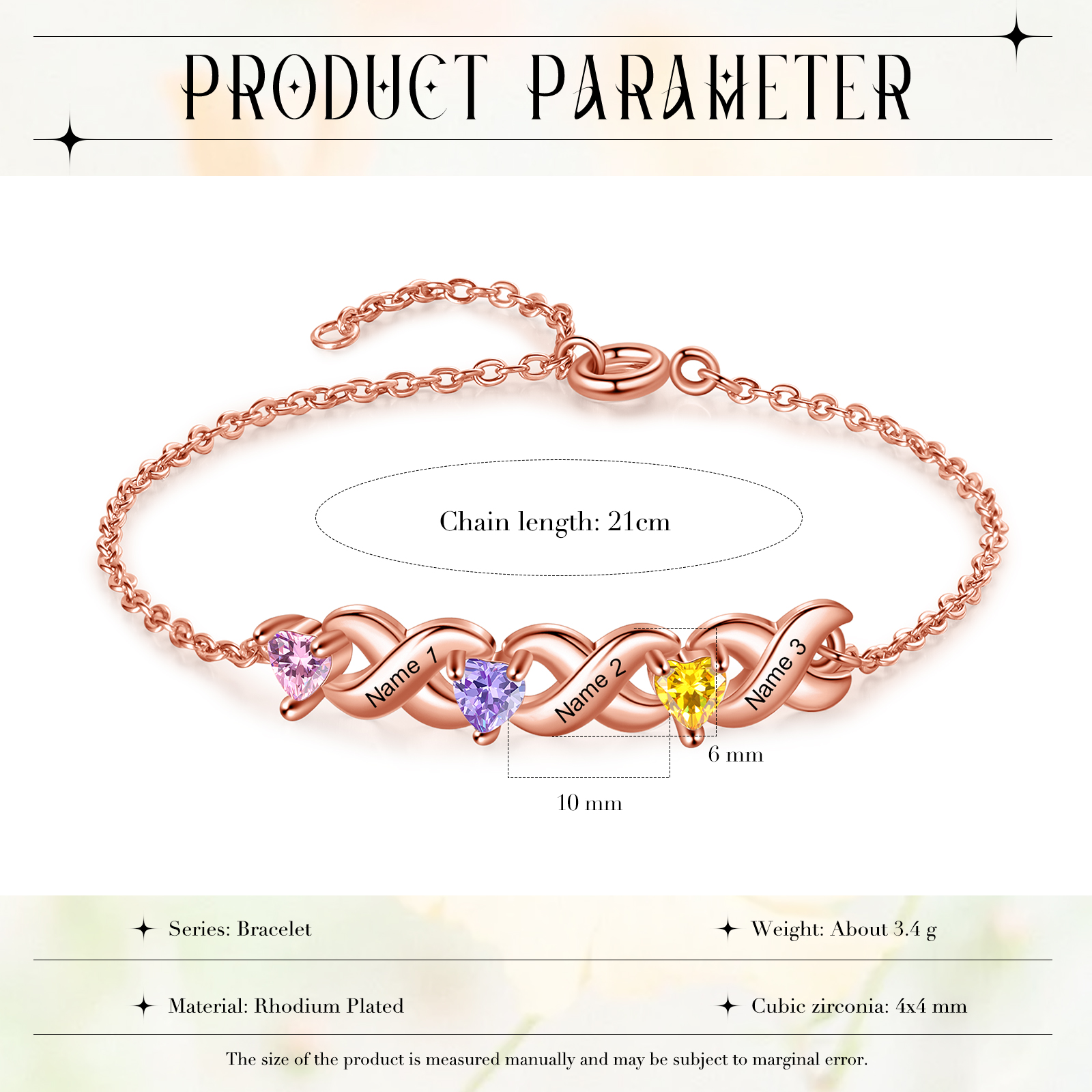 Braccialetto personalizzato con 3 nomi e 3 cuore pietre di nascita regalo per donna