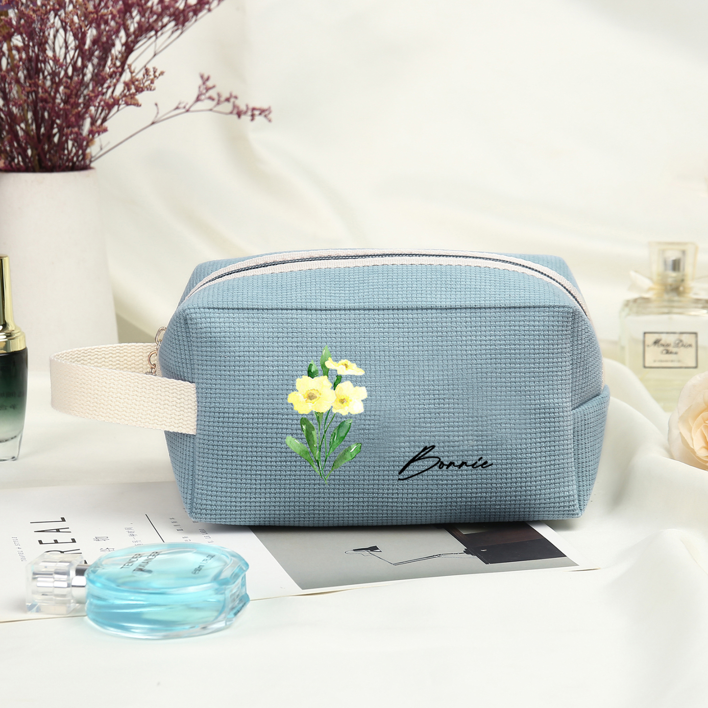 Borsa portabile per cosmetici in velluto a coste 1 nome e 1 fiore di nascita personalizzato multicolori da scegliere