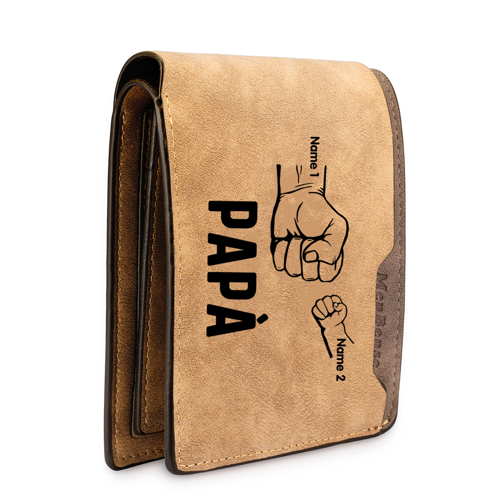 Portafoglio Pelle PU pelle pugno mano regalo per papà personalizzato 2 nomi 1 testo e 1 foto