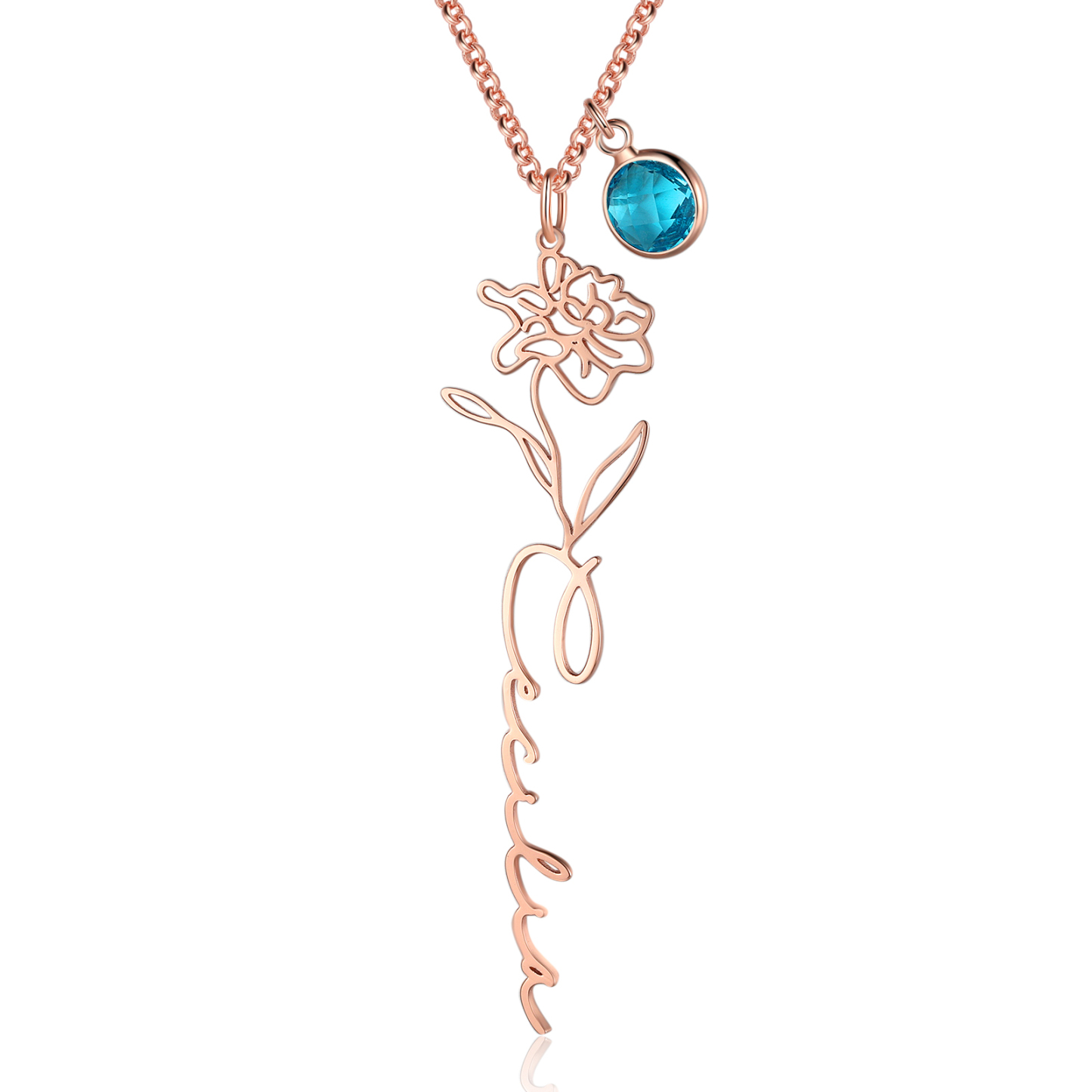 Collana 925 Argento Fiore elegante con 1 pietra di nascita e 1 nome e 1 fiore di nascita personalizzabili per donna