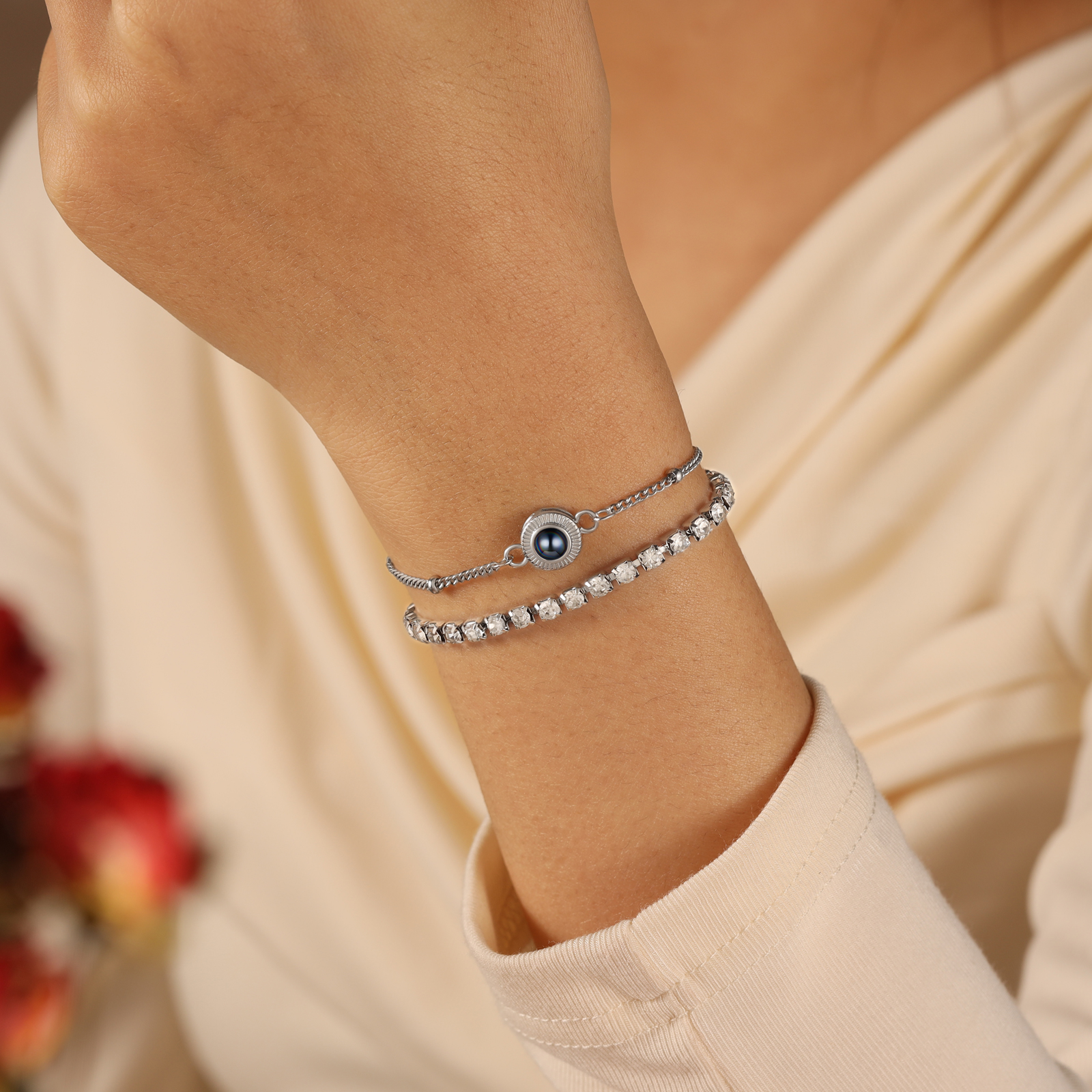 Bracciale con proiezione fotografica personalizzata e doppia fila di strass – bracciale da donna regolabile