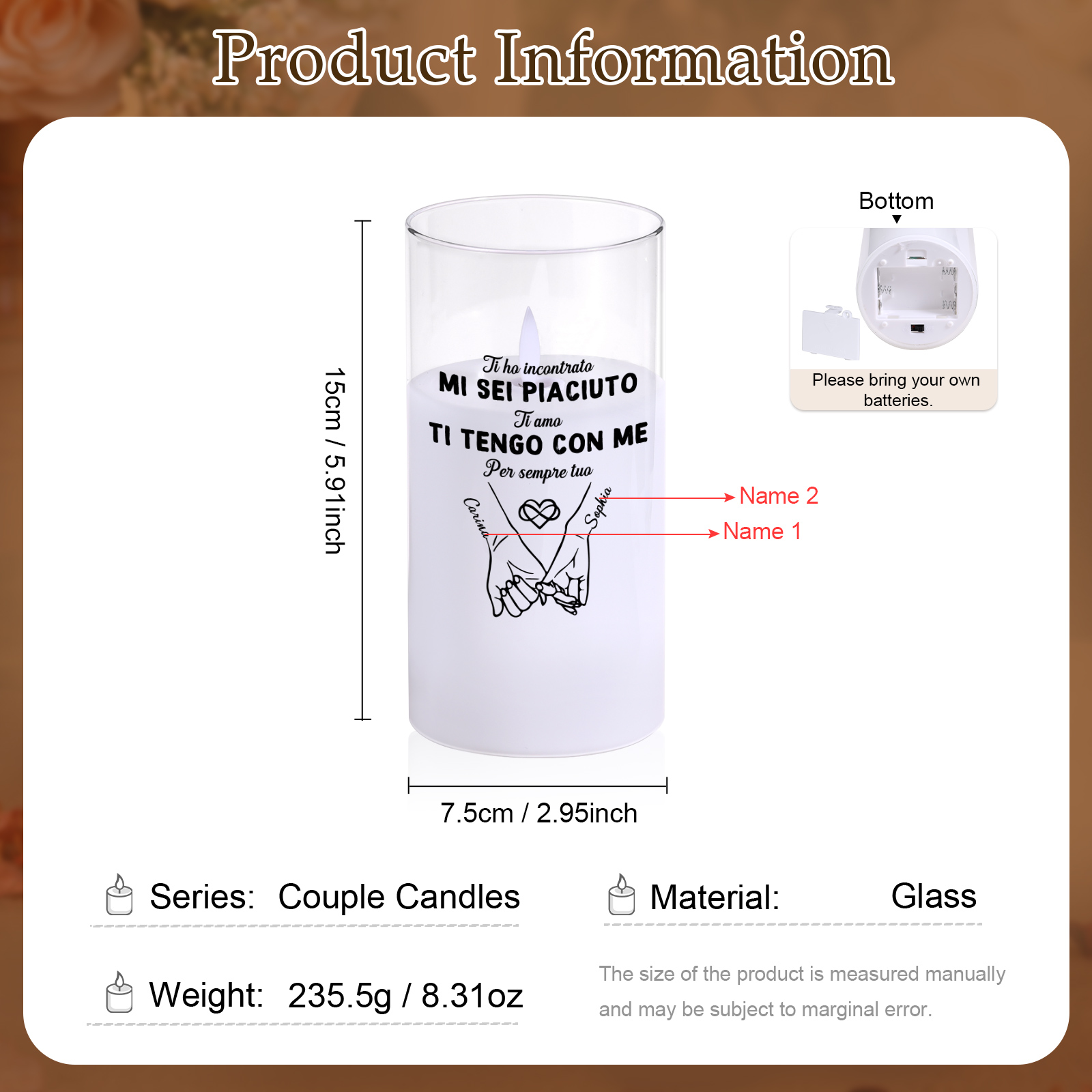 Candela LED Personalizzata con Nomi in Vetro – Regalo Romantico per Coppia