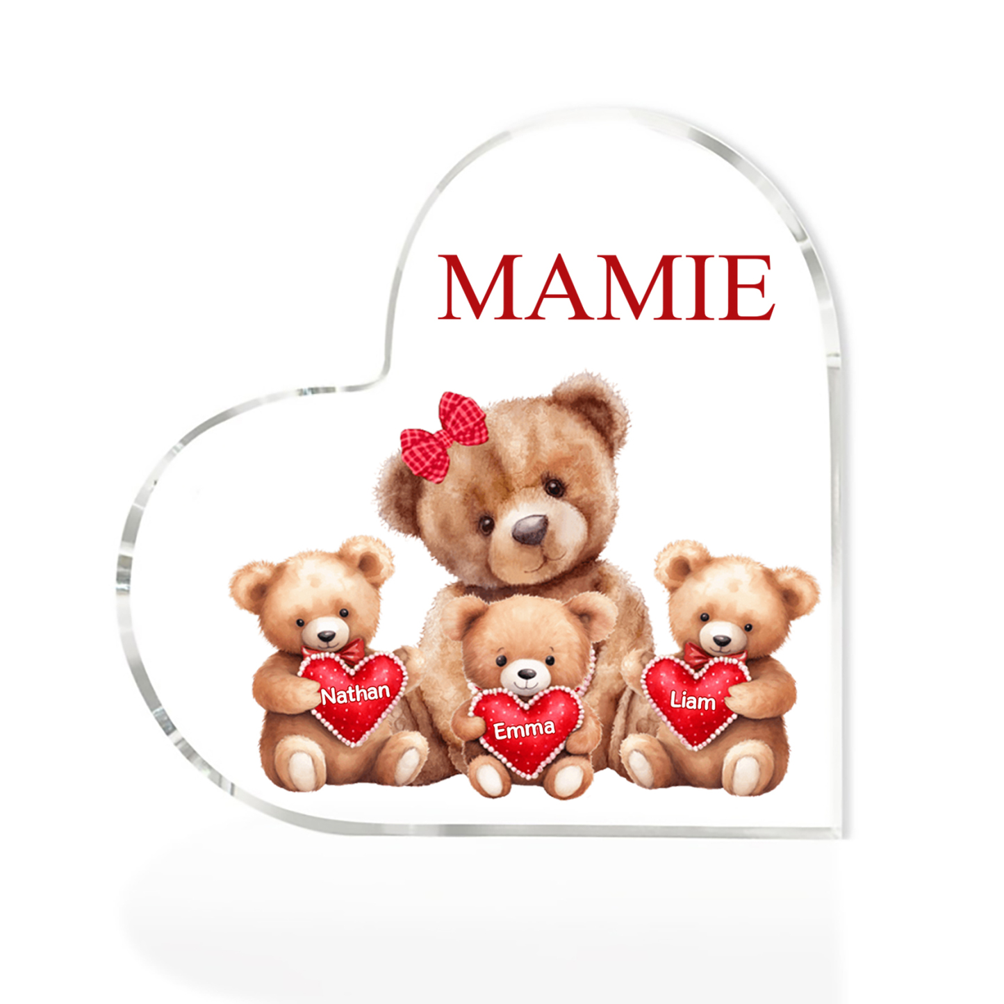 MAMMA Decorazione acrilica con 3 orsacchiotti a forma di cuore 3 nomi e 1 testo personalizzati per mamma/nonna