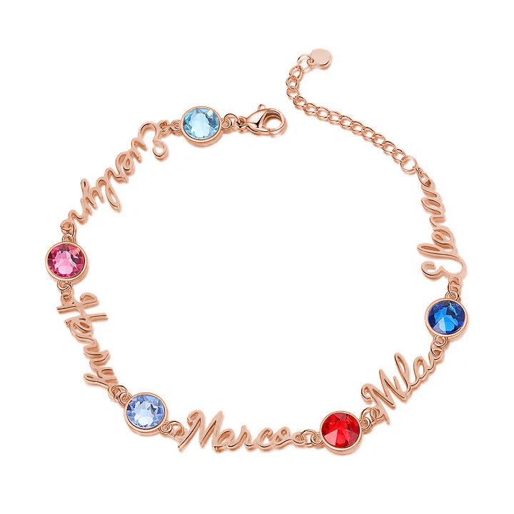 Braccialetto anello con 5 nomi e 5 pietre di nascita personalizzabili regalo per donna