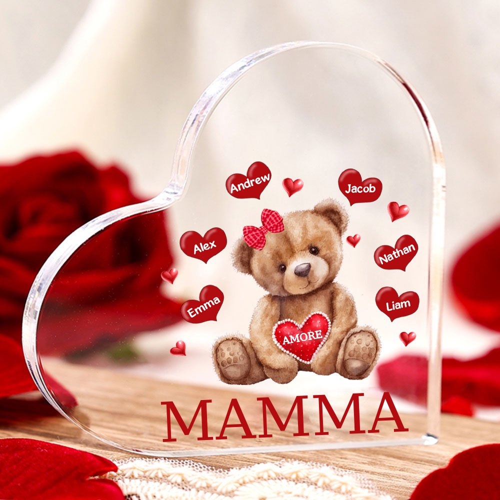 MAMMA Decorazione acrilica con orsacchiotto a forma di cuore 6 nomi e 2 testi personalizzati per mamma/nonna