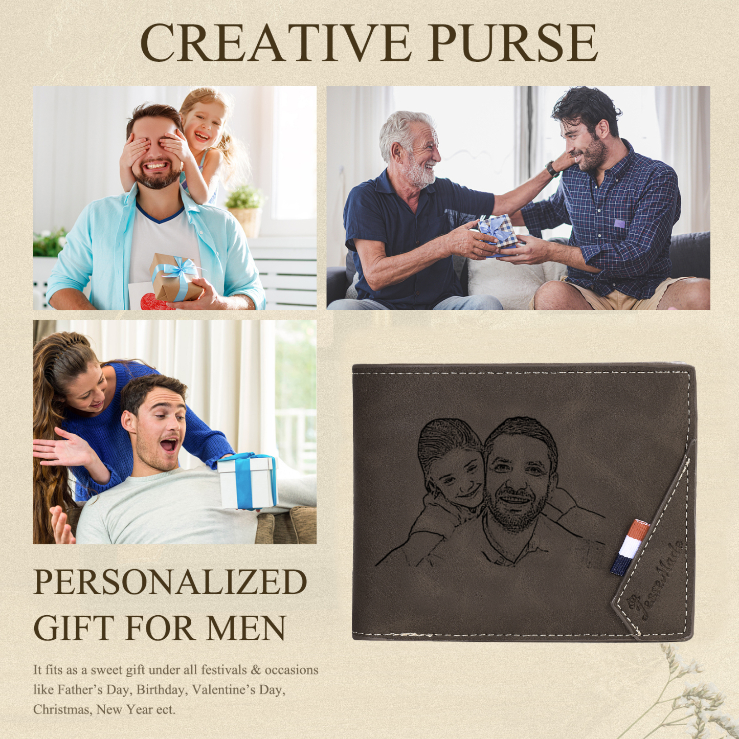 Personalized Leather Wallet Gift Box Set with Keychain Customizable Photo,Text ,Name and Letter Wallet Gift for Him