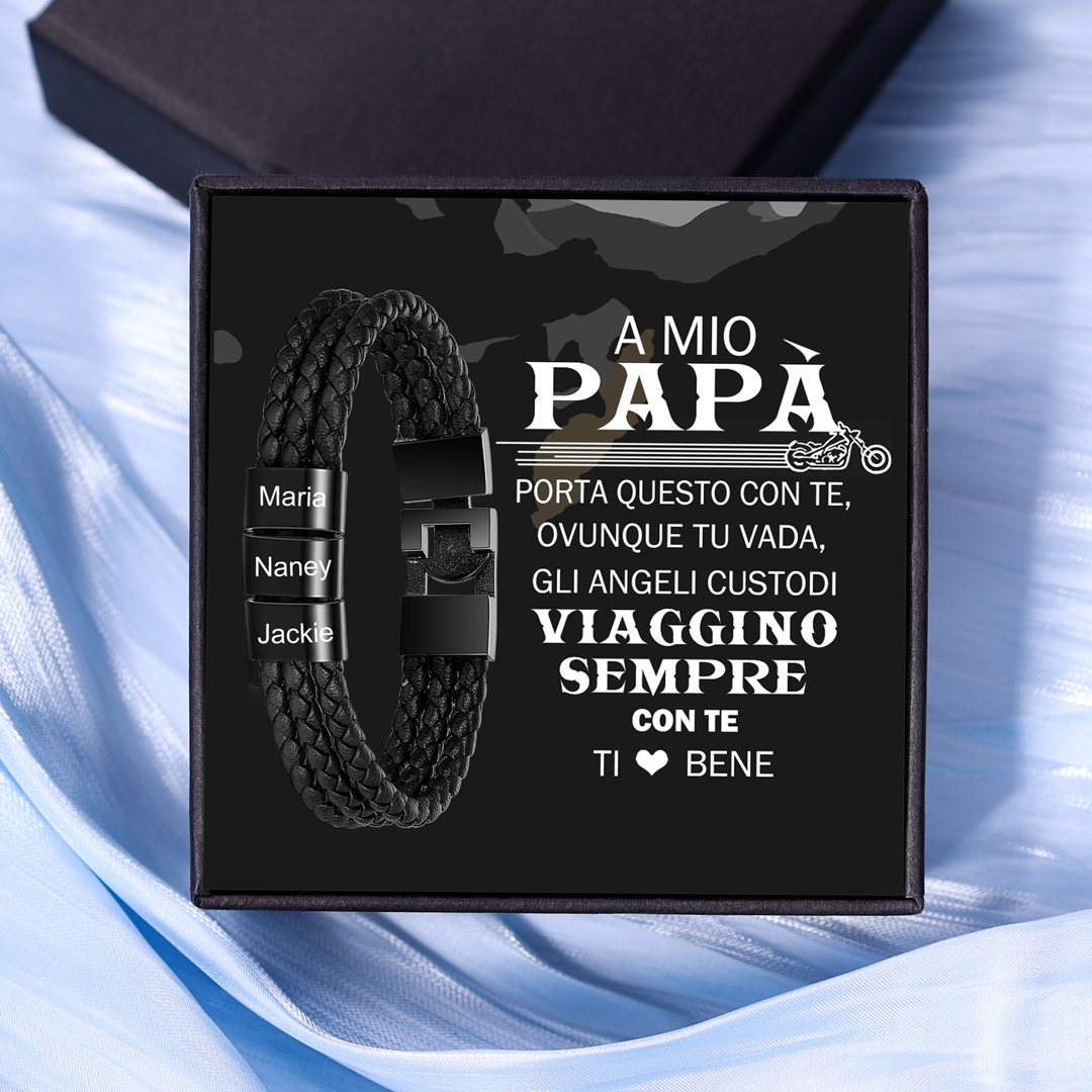 Jessemade IT Braccialetto da uomo in pelle intrecciata 3 nomi Braccialetto maschile personalizzato per papà nonno