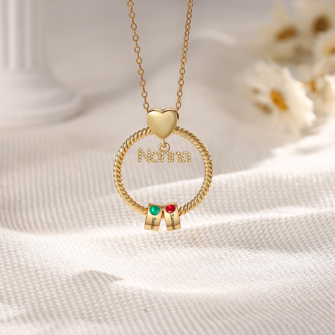 Collana con ciondolo nonna 2 nomi incisioni e pietre di nascita personalizzate