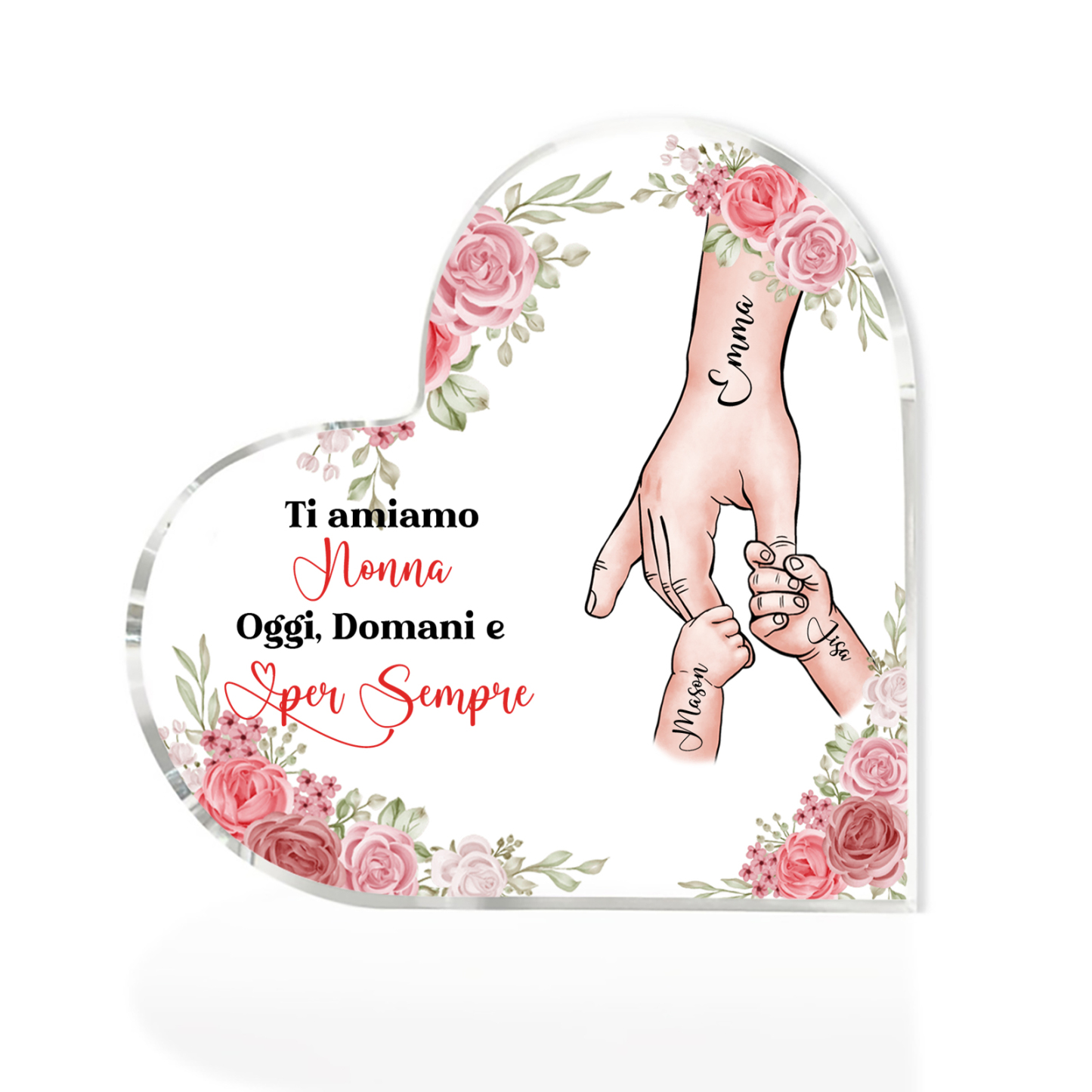 Decorazione Acrilica a Forma di Cuore Mano nella Mano Personalizzata – 3 Nomi e Testo per Nonna o Mamma | Jessemade