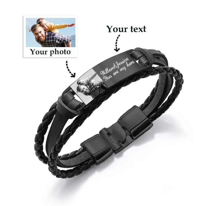 Braccialetto in pelle intrecciata personalizzato con 1 testo e 1 foto Braccialetto maschile