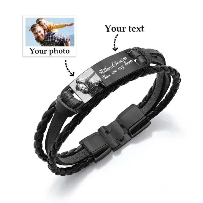Braccialetto in pelle intrecciata personalizzato con 1 testo e 1 foto Braccialetto maschile