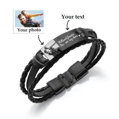 Braccialetto in pelle intrecciata personalizzato con 1 testo e 1 foto Braccialetto maschile