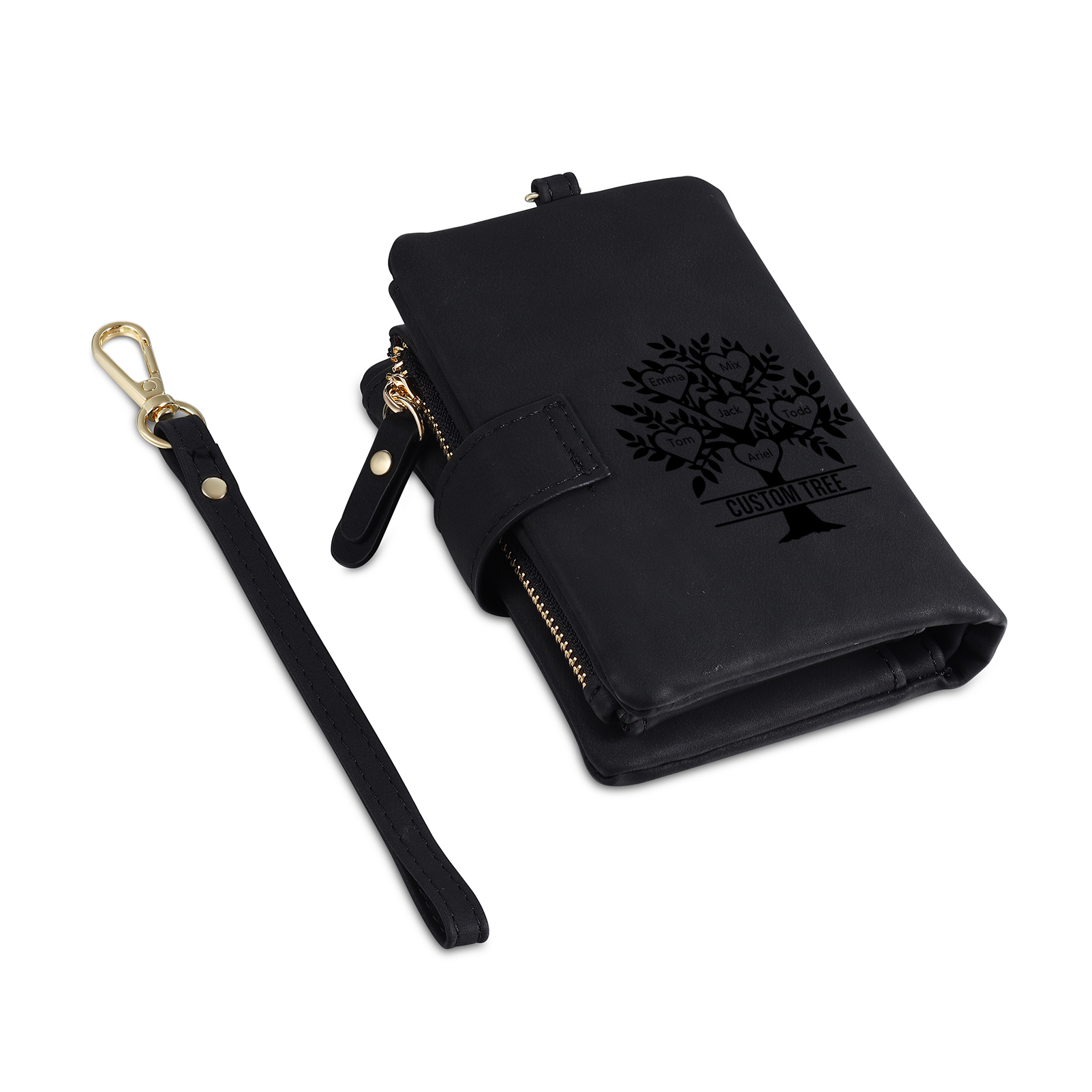 Portafoglio Albero della vita in PU pelle con 6 nomi & 1 testo & 1 lettera personalizzati per donna