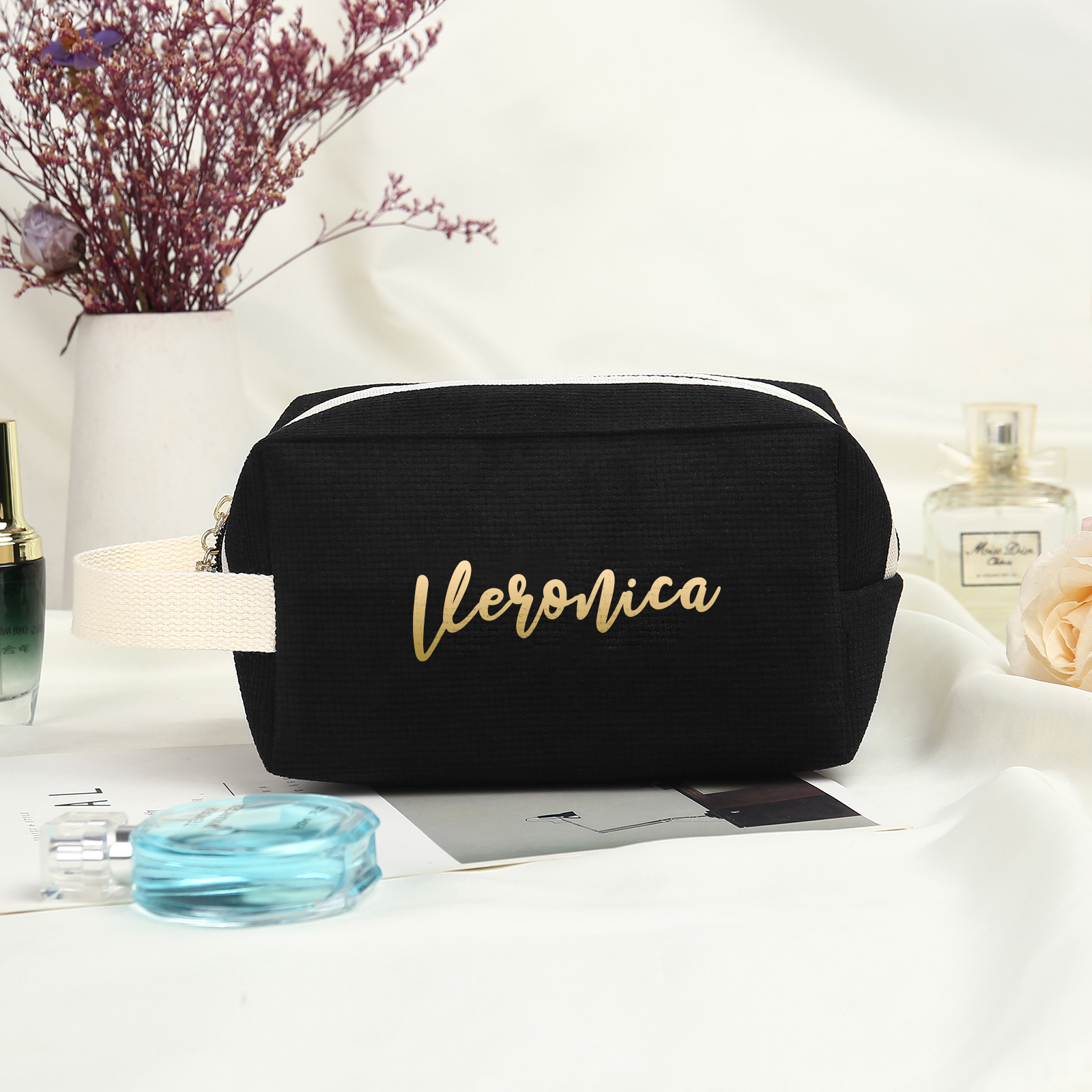 Jessemade IT Borsa portabile per cosmetici in velluto a coste per donna 1 nome personalizzato regalo per donna