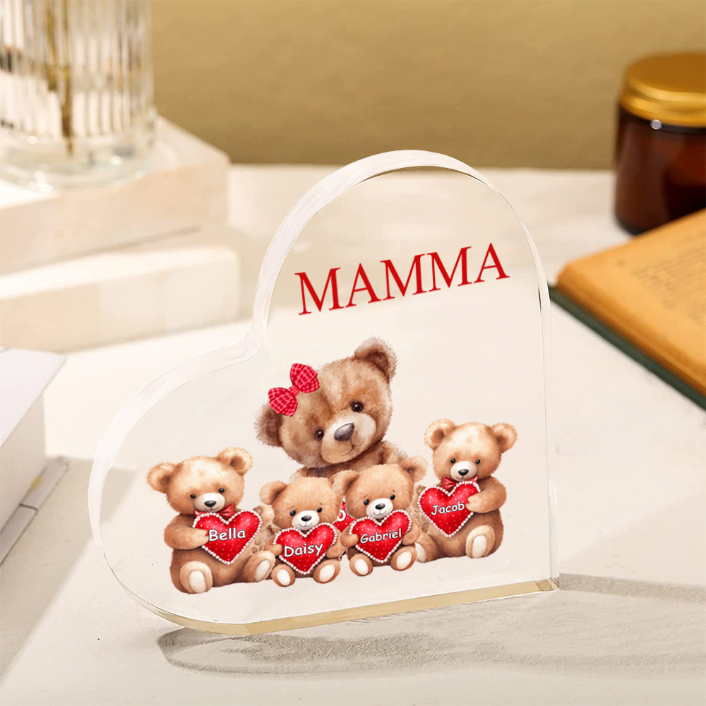 Targa acrilica personalizzata a forma di cuore - Orsi - con 1-8 nomi e 1 testo- Regalo per la mamma