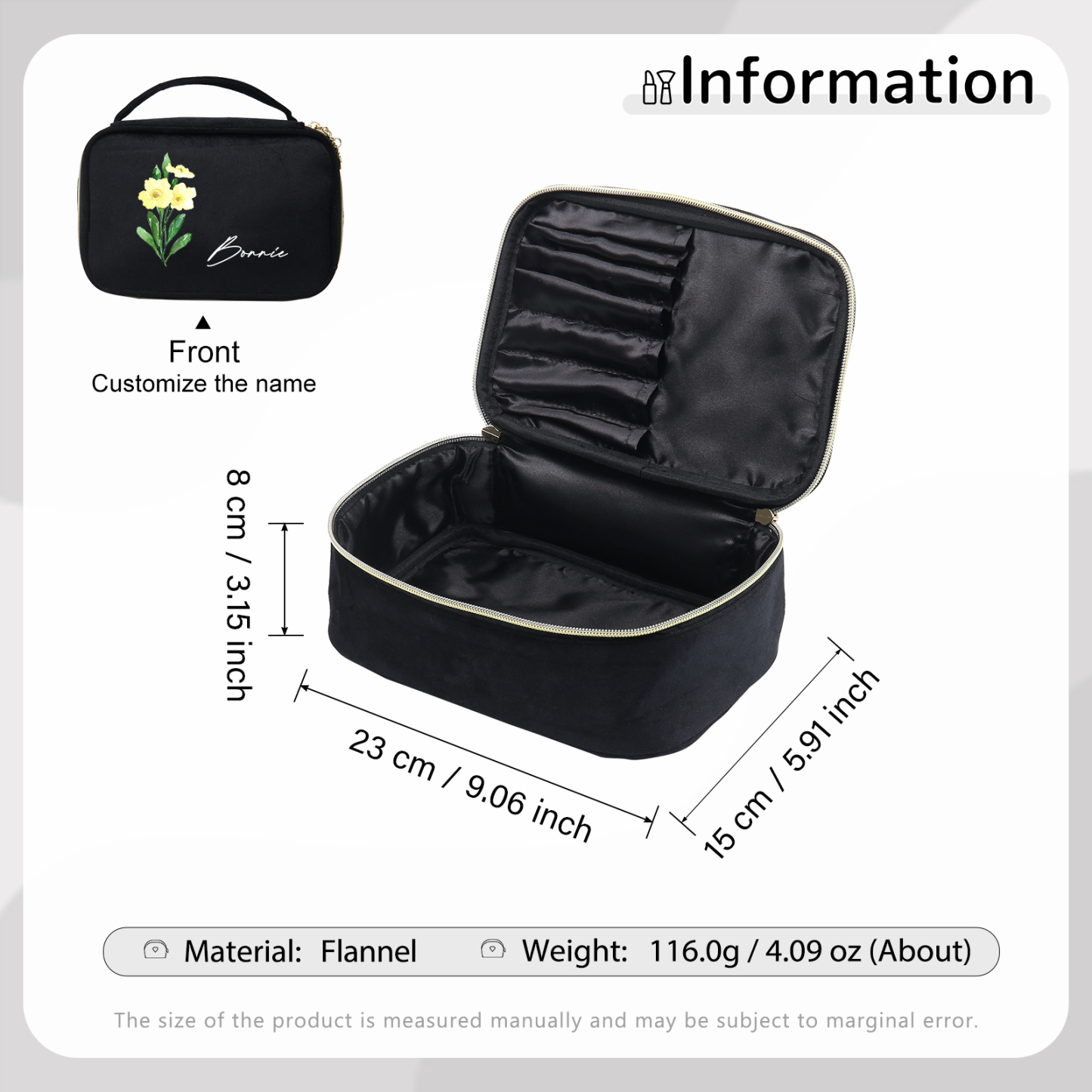 Borsa portabile per cosmetici in flanella per donna 1 nome e 1 fiore di nascita personalizzato multicolori da scegliere