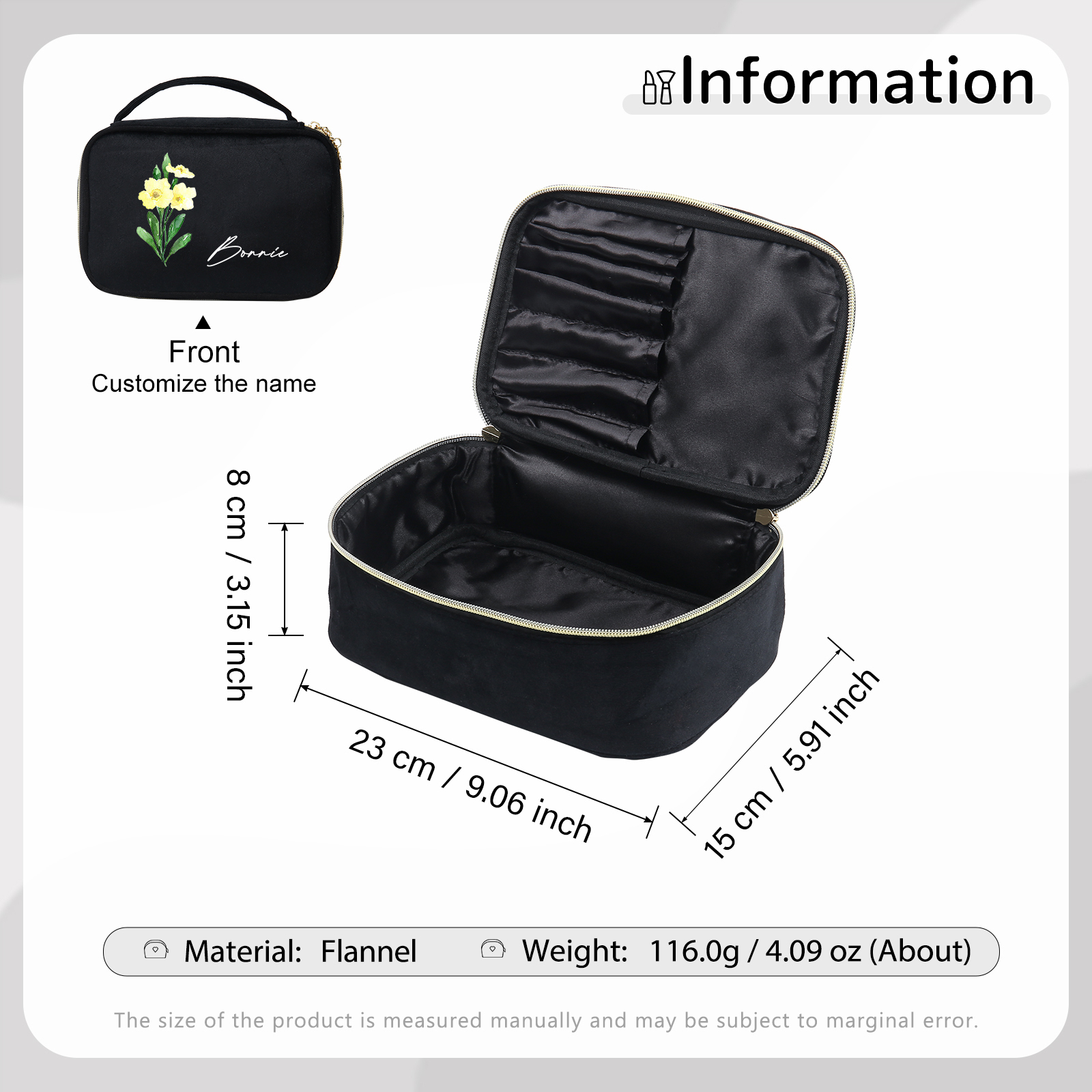 Borsa portabile per cosmetici in flanella per donna 1 nome e 1 fiore di nascita personalizzato multicolori da scegliere