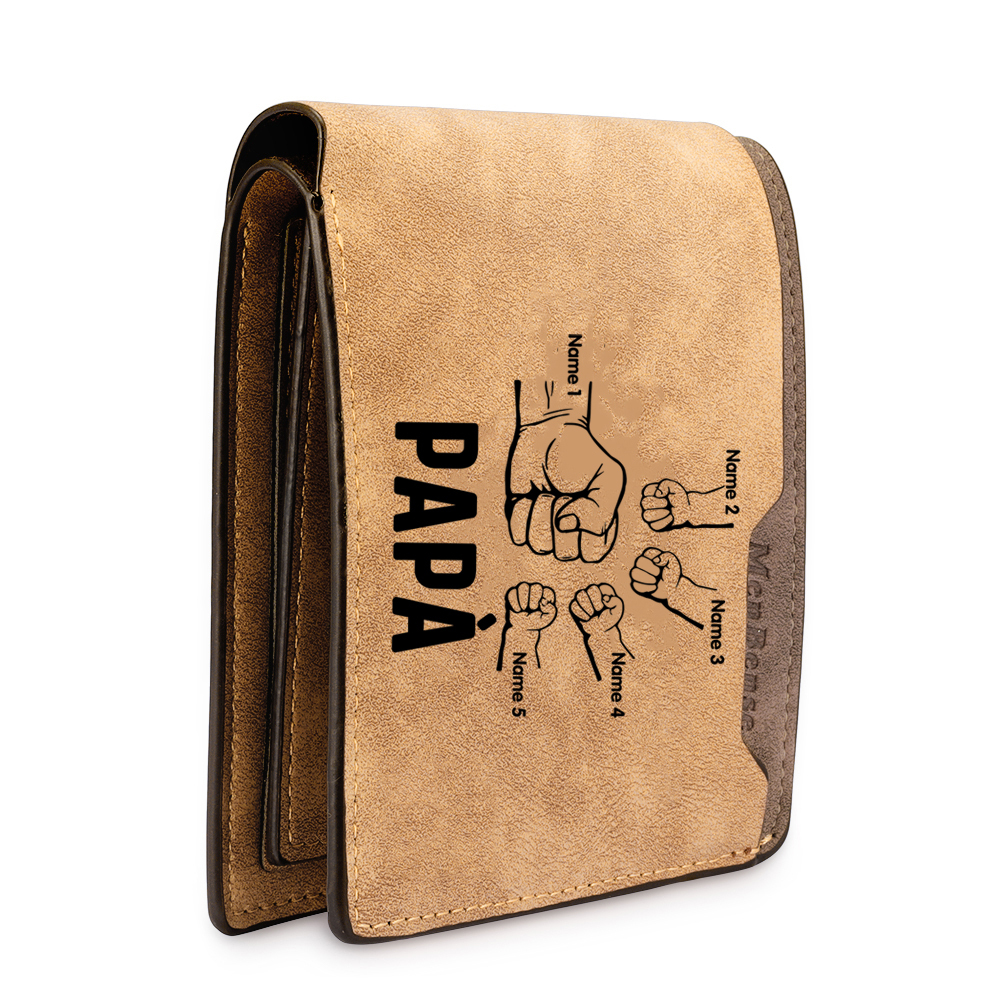 Portafoglio Pelle PU pelle pugno mano regalo per papà personalizzato 5 nomi 1 testo e 1 foto