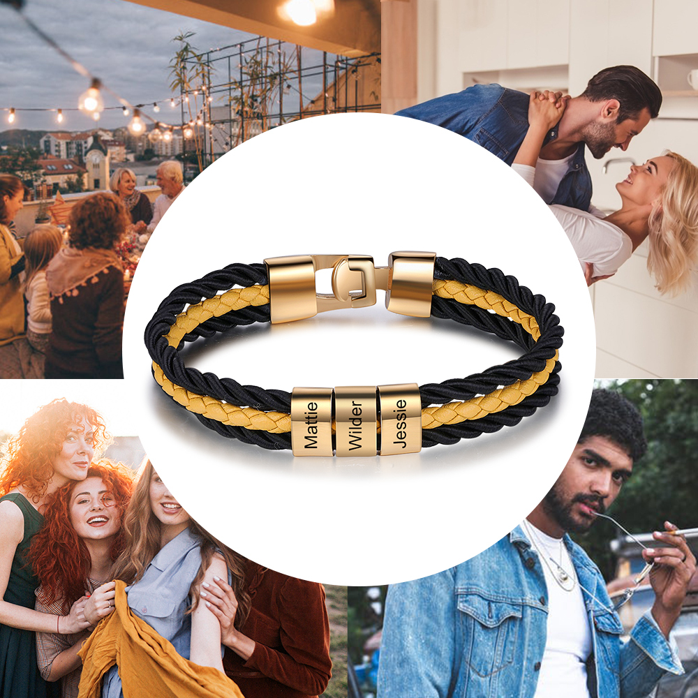 Bracciale Uomo Personalizzato in Pelle – Incisione 5 Nomi – Regalo Elegante per Papà o Lui | Jessemade